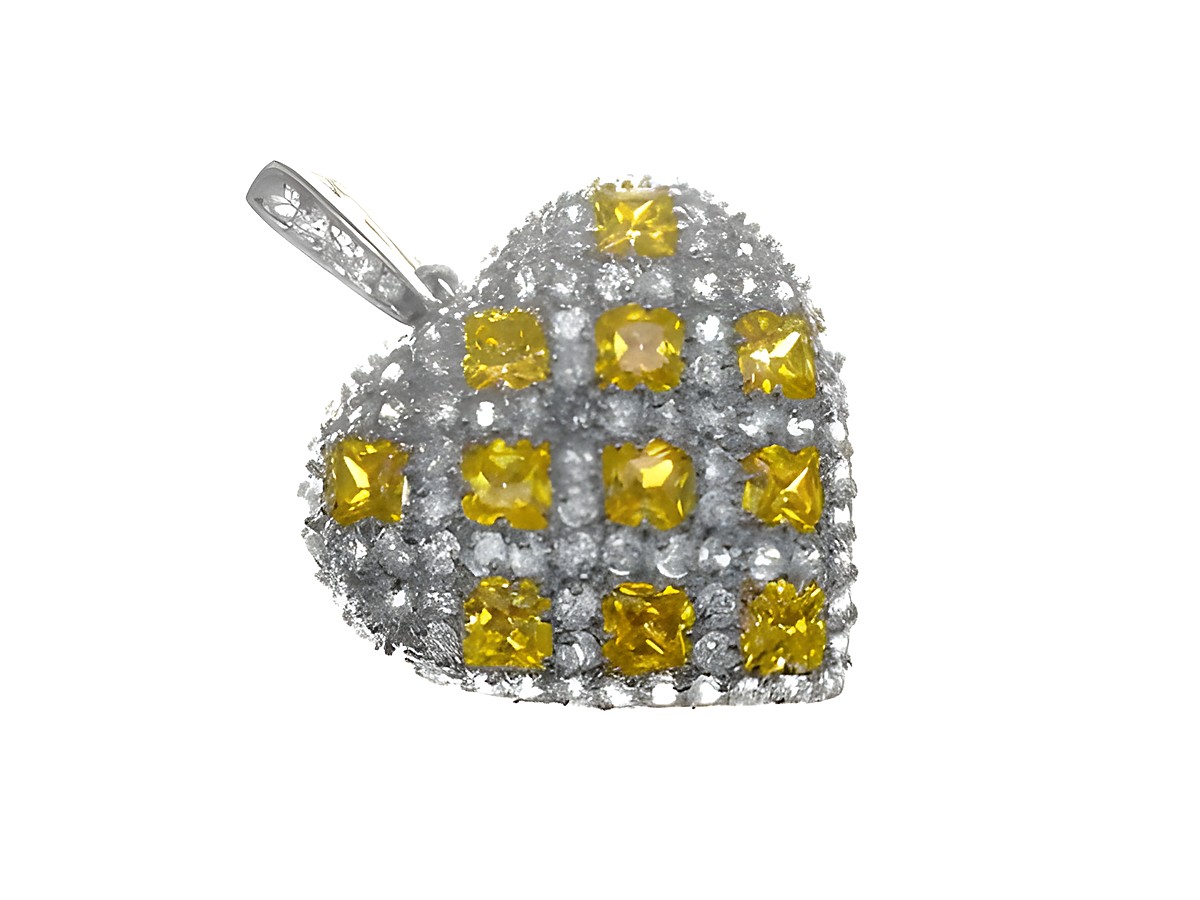 BIG LOVE Herz aus gelbem Sterling Silber mit Zirkonia, Hersteller Juwelier Harnisch, funkelnde gelbe Steine auf einer herzförmigen Anhängerstruktur.