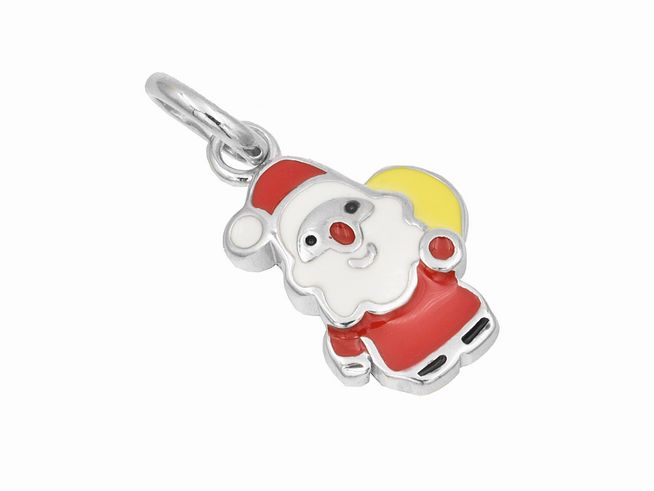 Silber Anhänger in Form eines Weihnachtsmannes, poliert und rhodiniert, mit lackierten Details in Weiß, Rot und Gelb, hergestellt von Juwelier Harnisch.