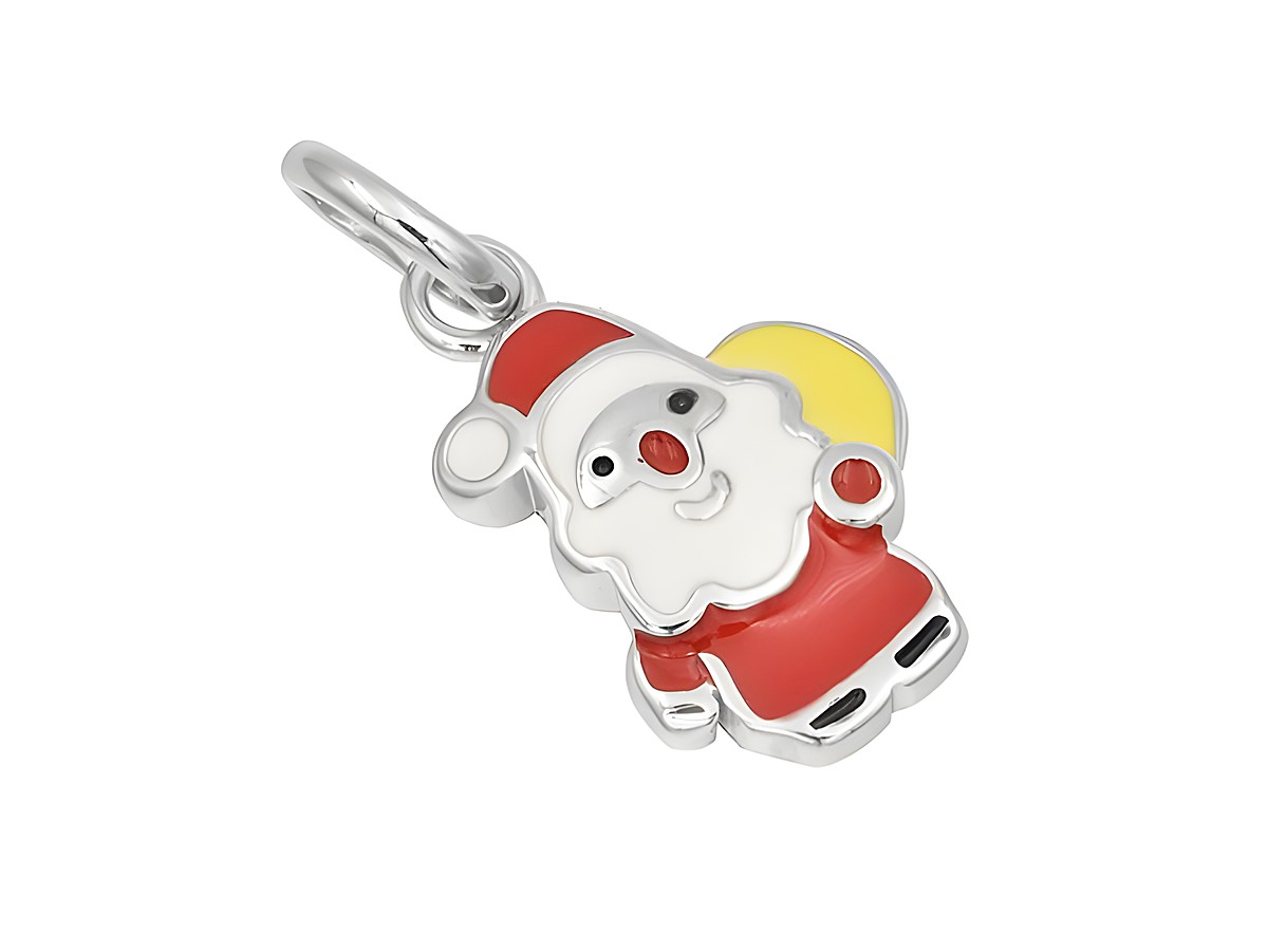 Silber Anhänger in Form eines Weihnachtsmannes, poliert und rhodiniert, mit lackierten Details in Weiß, Rot und Gelb, hergestellt von Juwelier Harnisch.