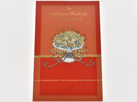 Hochzeitskarte mit einem bunten Blumenstrauß auf einer roten Strukturkarte, verziert mit einer goldenen Schrift und einem dekorativen Band, Hersteller Juwelier Harnisch.