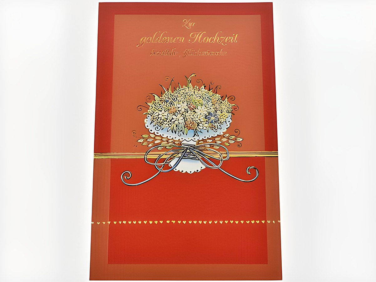 Hochzeitskarte mit einem bunten Blumenstrauß auf einer roten Strukturkarte, verziert mit einer goldenen Schrift und einem dekorativen Band, Hersteller Juwelier Harnisch.