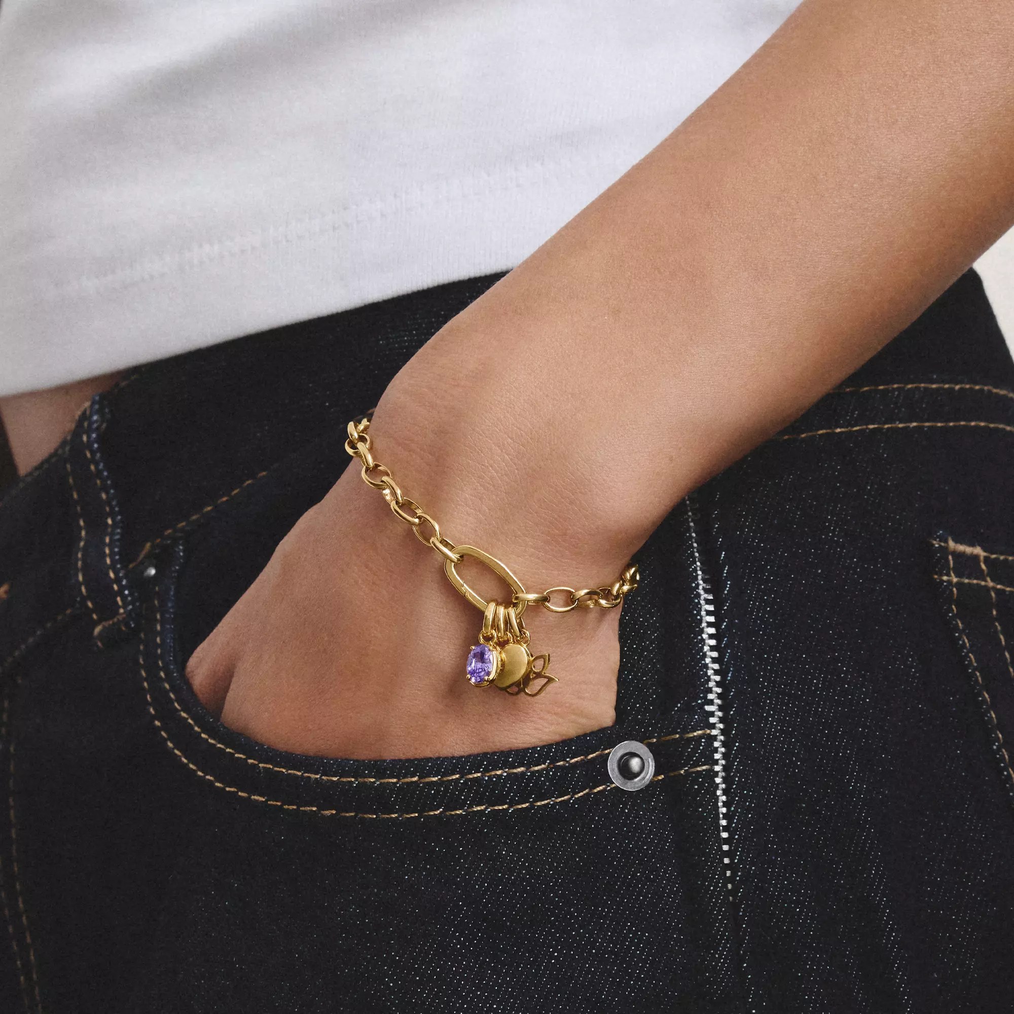 Thomas Sabo Connect - Charm Geburtsstein Februar - 18k Gelbgold Vergoldung - Zirkonia amethystfarben - Charm mit Öse – Ansicht 4