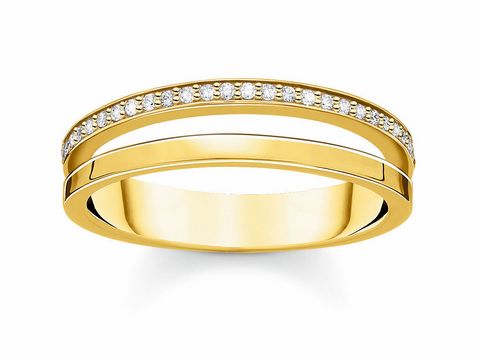 Thomas Sabo Ring TR2316-414-14-56 in Silber und Gelbgold mit Zirkonia klar, Größe 56, elegantes Design mit funkelnden Steinen auf der Oberseite.