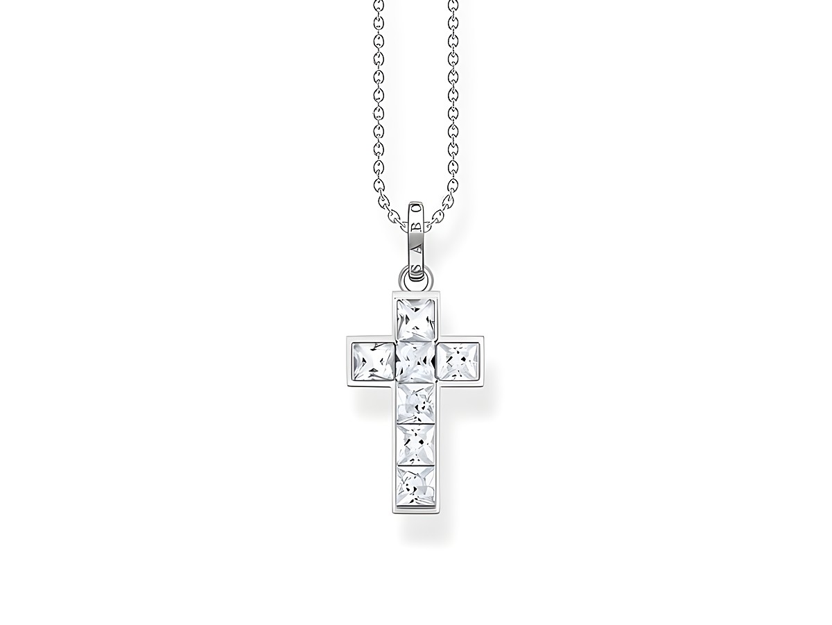 Kette von Thomas Sabo in Silber mit weißem Zirkonia Kreuzanhänger, 40 bis 45 cm verstellbar. Elegantes Schmuckstück mit funkelnden Elementen. Ideal für jeden Anlass.