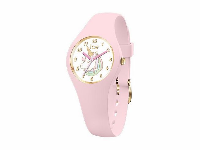 Die Ice-Watch ICE fantasia Einhorn Uhr in Pink hat ein farbenfrohes Zifferblatt mit einem Einhornmotiv, goldenen Indexen und Zeigern sowie einem weichen Silikonarmband für optimale Bequemlichkeit.
