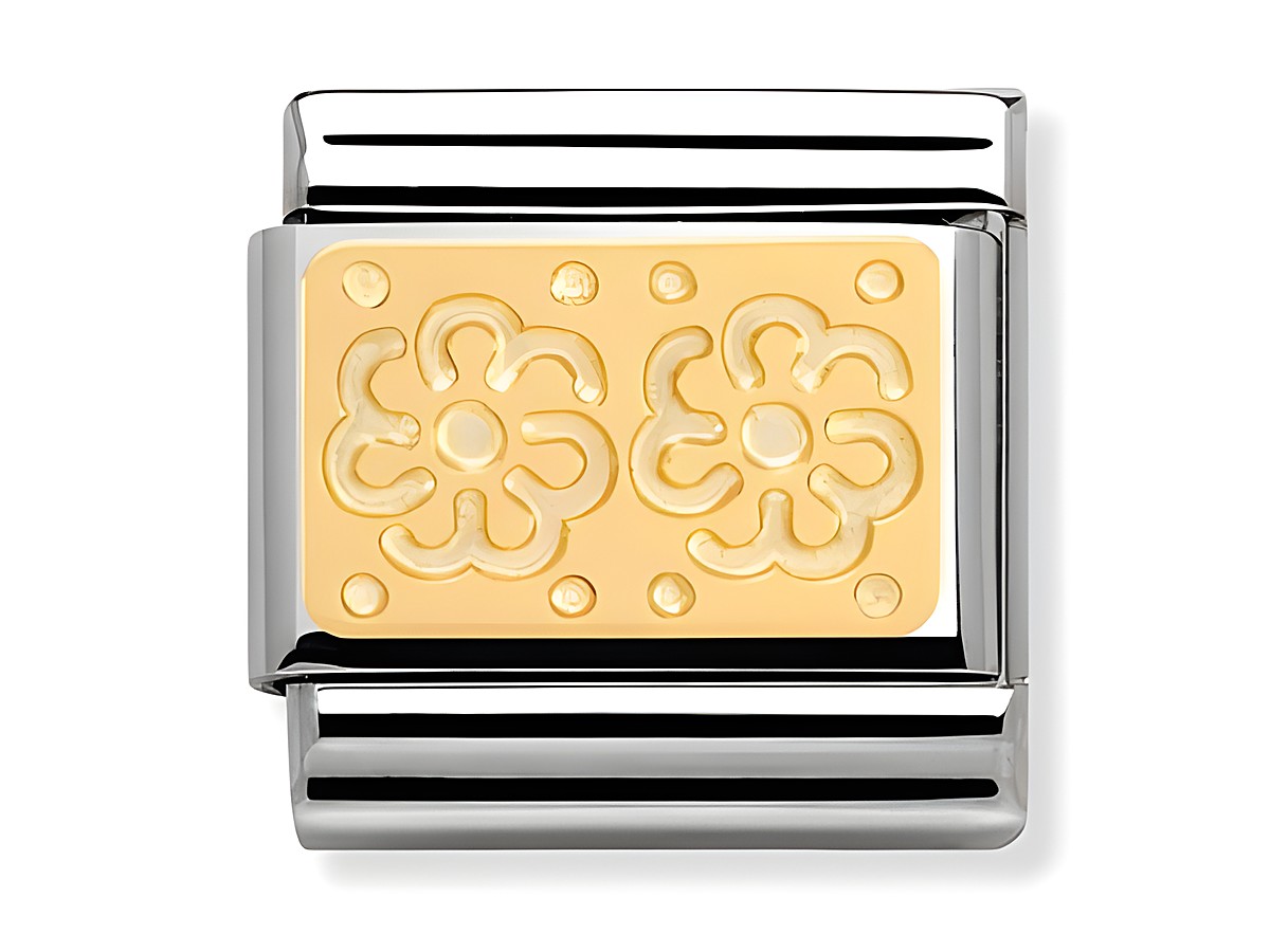 Nomination Classic Gold 2 Blumen 030158 08, Hersteller Nomination, zeigt ein elegantes charm aus vergoldetem Metall mit zwei floral gestalteten Motiven auf einer glänzenden Oberfläche.