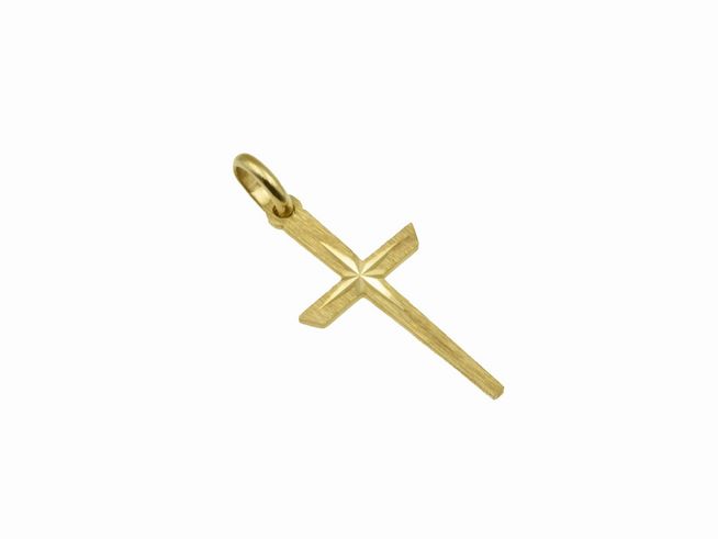 Kreuz Anhänger aus 333 Gelbgold, teilmattiert und diamantiert, hergestellt von Juwelier Harnisch, klassisches Design.