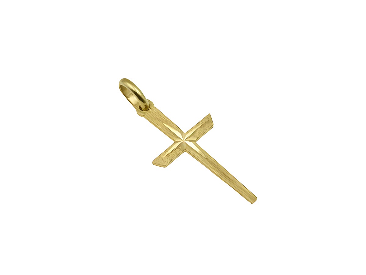 Kreuz Anhänger aus 333 Gelbgold, teilmattiert und diamantiert, hergestellt von Juwelier Harnisch, klassisches Design.