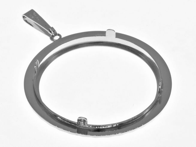 Münzfassung Anhänger mit Diamantschliff aus rhodiniertem echtem Silber, geeignet für Münzen bis 4,0 cm Durchmesser, Hersteller Juwelier Harnisch.
