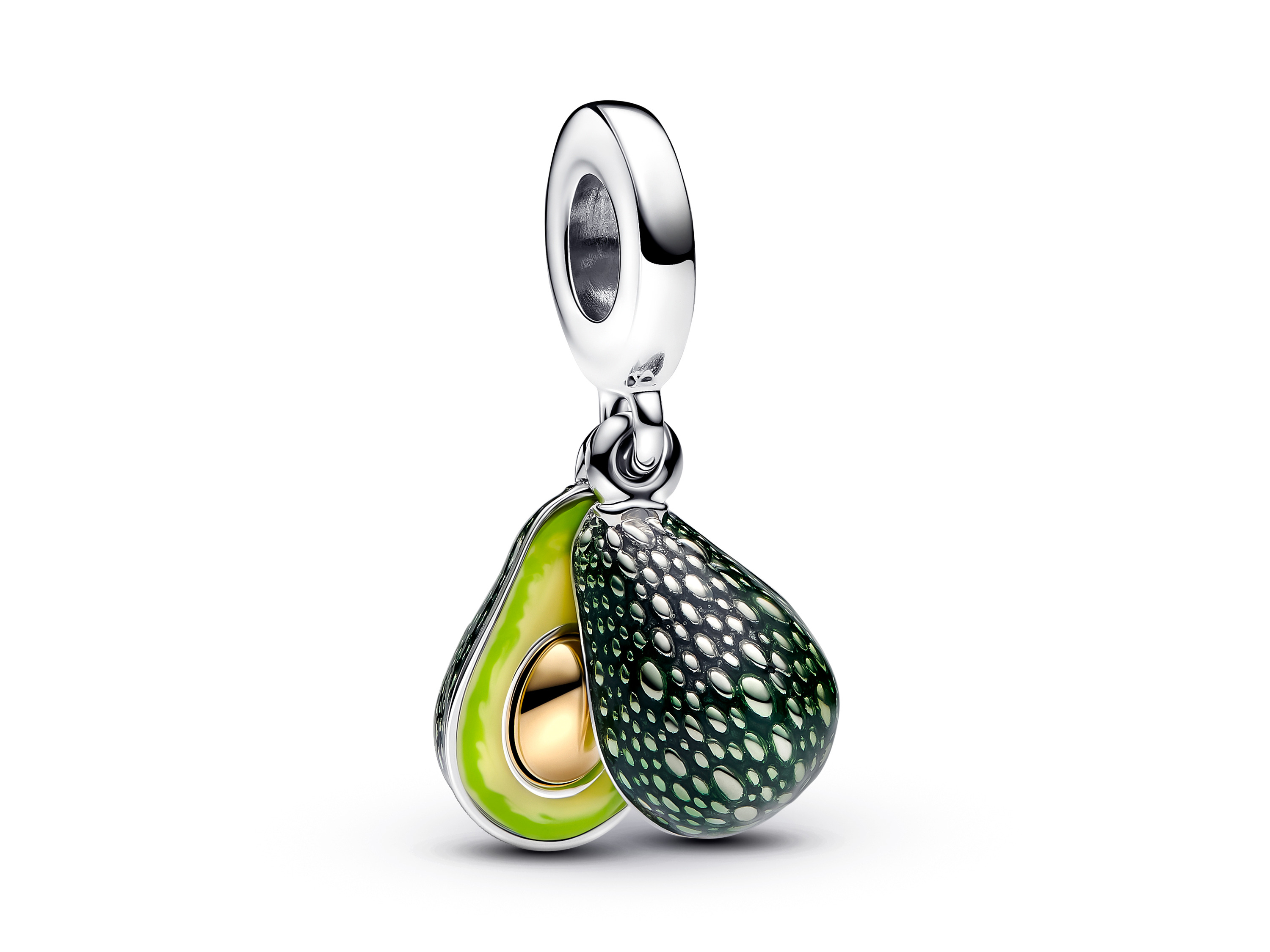 Pandora 763405C01 Avocado Charm aus Sterling Silber und gelbgold vergoldet mit grünem Emaille, zeigt eine detaillierte Avocadohälfte mit goldener Innenseite, perfekt als elegantes Schmuckstück.
