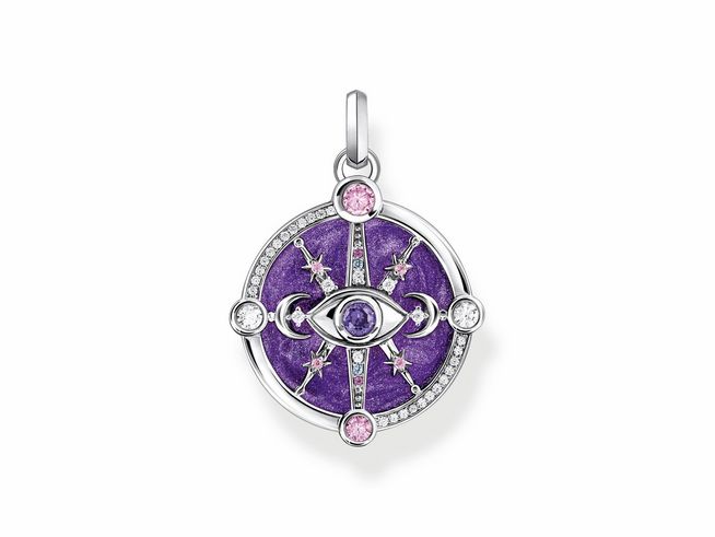 Silberner Thomas Sabo Anhänger mit kosmischem Talisman-Design, violette Emaille und Glas-Keramik Stein, verziert mit Zirkonia und einem zentralen Auge. Ideal als stilvolles Schmuckstück.