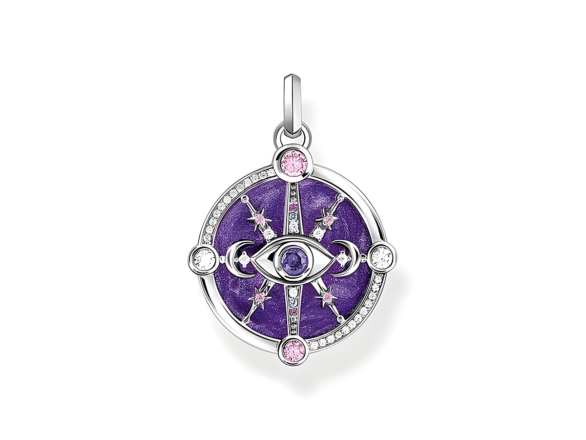 Silberner Thomas Sabo Anhänger mit kosmischem Talisman-Design, violette Emaille und Glas-Keramik Stein, verziert mit Zirkonia und einem zentralen Auge. Ideal als stilvolles Schmuckstück.