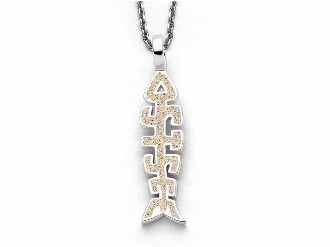DUR Anhänger Fischgräte Ostsee P4437 aus rhodiniertem Sterling Silber mit einem filigranen Design, das an eine Fischgräte erinnert, hängt an einer eleganten Kette.