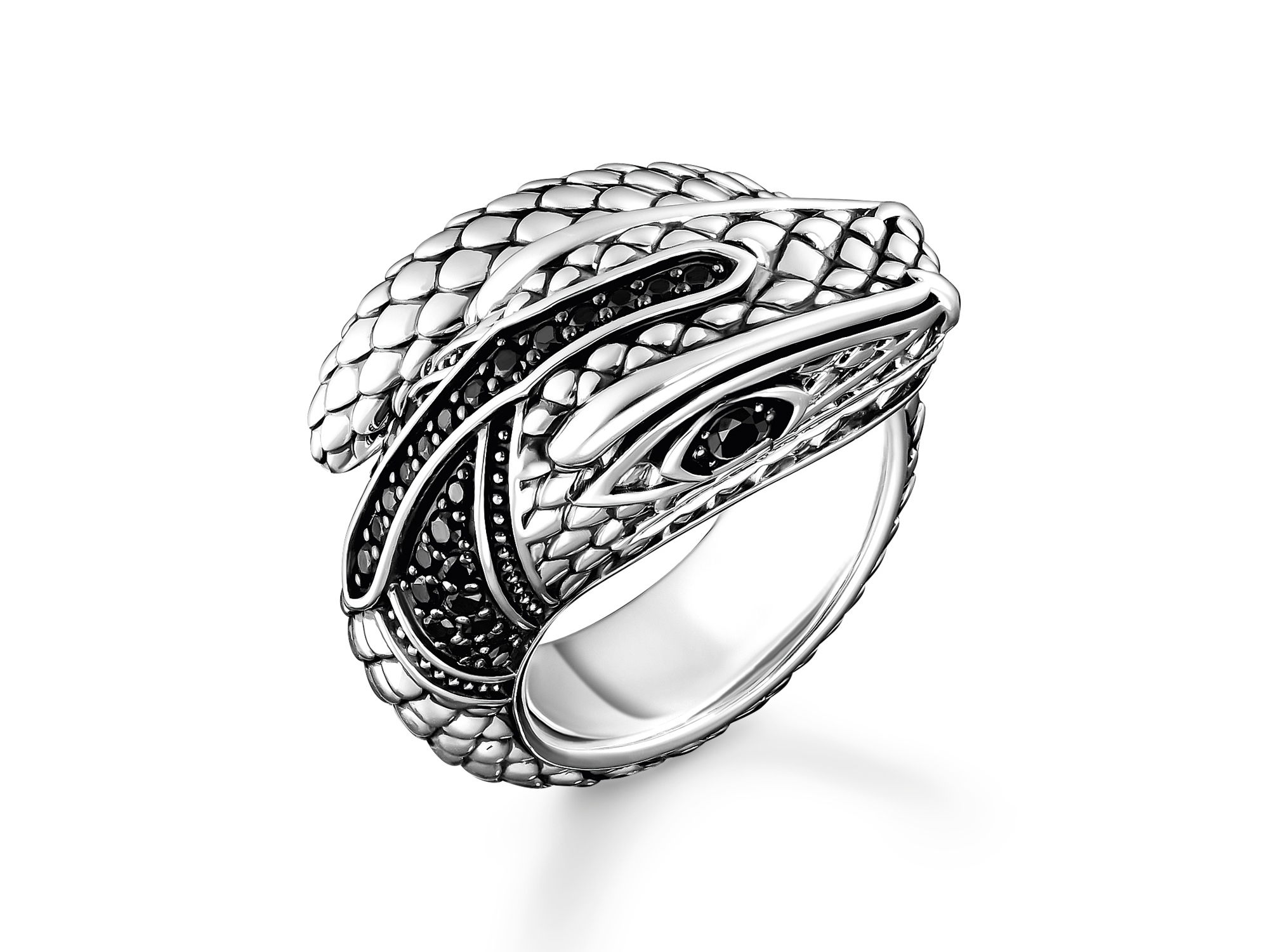 Schwarzer Thomas Sabo Schlangenring mit filigraner Details und einem markanten Schlangenmotiv, Größe 54, aus der Rebel Snake Kollektion, neu und stilvoll.