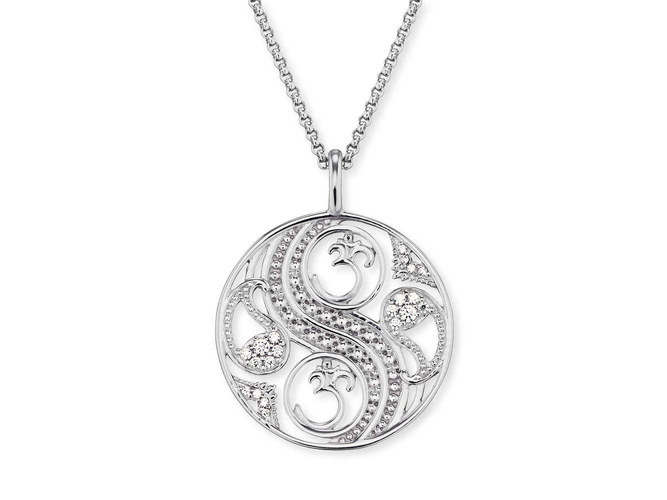 Eine elegante Silberkette von Engelsrufer mit einem filigranen Anhänger in Form eines runden Designs, verziert mit Zirkonia und Dezenten Mustern, Länge 45 cm, Durchmesser 21 mm.