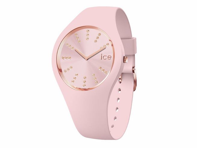ICE cosmos Pink lady in Rosa mit einem runden Gehäuse, goldenen Stundenmarkierungen und einem schicken Silikonarmband, ideal für modebewusste Trägerinnen.