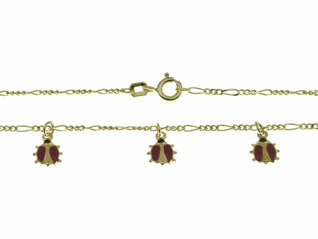 Kinderkette mit Marienkäfern aus Gelbgold 333, 36 cm lang, mit einer Gliedergröße von 1,5 x 0,8 mm, gefertigt vom Juwelier Harnisch, ideal für kleine Schmuckliebhaber.