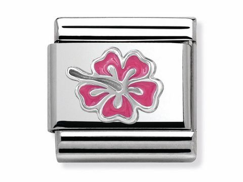 Silbernes Armbandglied von Nomination mit pinkem Hibiskus-Motiv aus Emaille, stilvoll und modern, perfekt für einen eleganten Look, Artikelnummer 330202 24.
