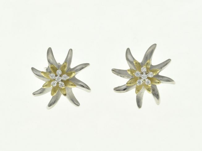 Edelweiß Ohrstecker aus Sterling Silber in Bicolor, rhodiniert mit Zirkonia, von Juwelier Harnisch, filigranes Design in floraler Form, ideal für jeden Anlass.