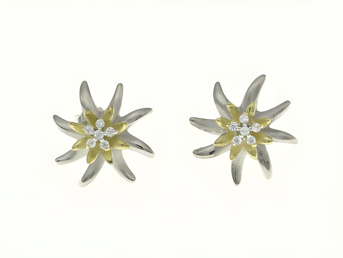 Edelweiß Ohrstecker aus Sterling Silber in Bicolor, rhodiniert mit Zirkonia, von Juwelier Harnisch, filigranes Design in floraler Form, ideal für jeden Anlass.