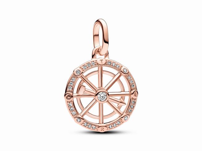 Charm in Form eines Glücksrads aus roségold vergoldetem Material, verziert mit klaren Zirkonia-Steinen, ideal für das Pandora ME System und persönliche Momente.