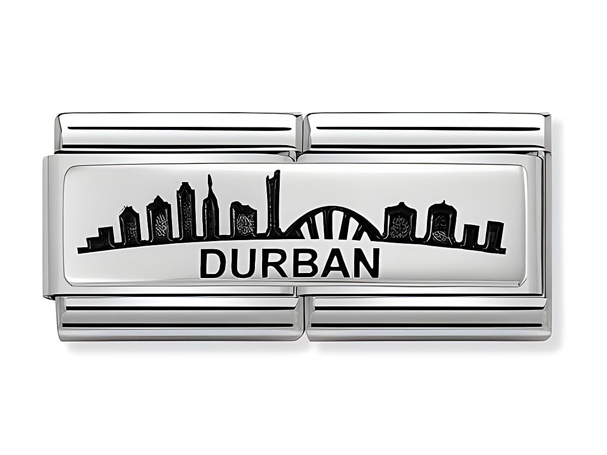 Composable DOUBLE Classic aus Edelstahl und Silber mit Skyline von Durban, zeigt die Silhouette der Stadt und den Schriftzug Durban auf einem eleganten Schmuckstück.
