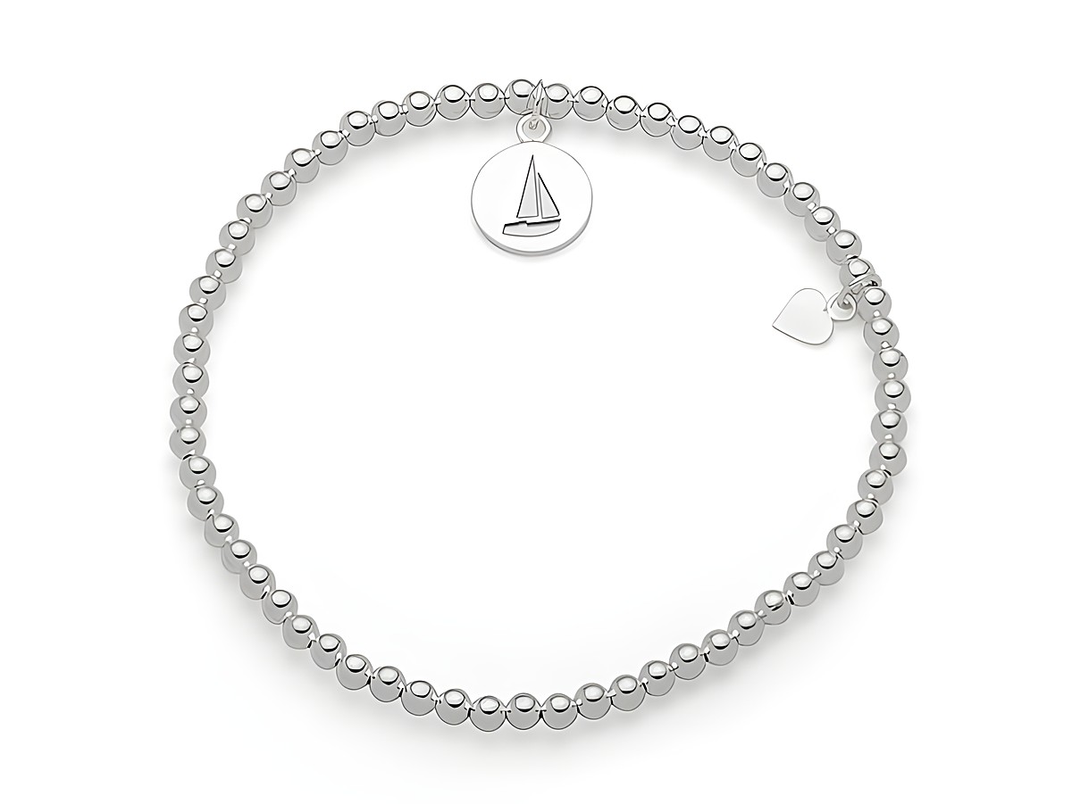 Sterling Silber Armband mit Kugeln und Anhänger in Form eines Segelboots sowie einem kleinen Herz, Hersteller DUR, Modell A1567.AHOI, Länge 19,5 cm.