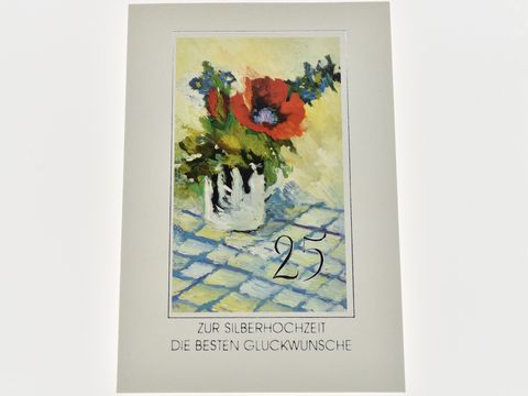 Hochzeitskarte in Aquarellmalerei mit einem Blumenstrauß in einer weißen Vase, darauf steht die Zahl 25, unter dem Bild Gratulation zur Silberhochzeit.