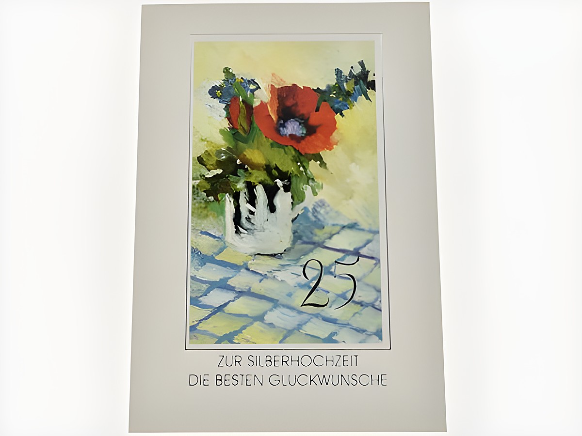 Hochzeitskarte in Aquarellmalerei mit einem Blumenstrauß in einer weißen Vase, darauf steht die Zahl 25, unter dem Bild Gratulation zur Silberhochzeit.