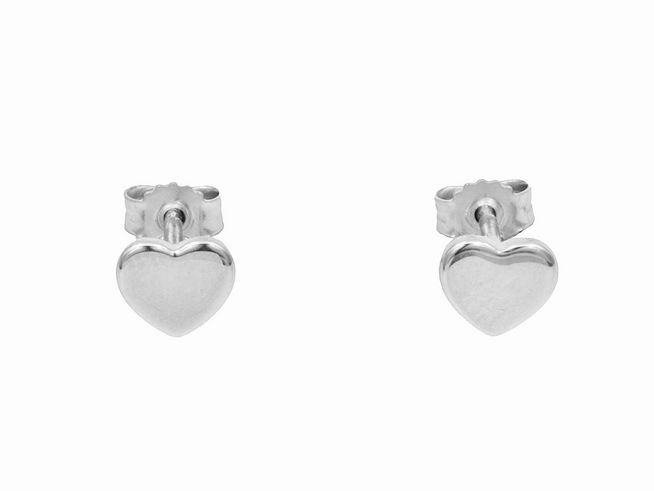 Ohrstecker in Herzform aus poliertem, rhodiniertem Sterling Silber, ohne Stein, hergestellt von Juwelier Harnisch, elegantes und schlichtes Design.