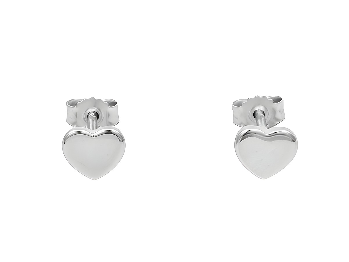 Ohrstecker in Herzform aus poliertem, rhodiniertem Sterling Silber, ohne Stein, hergestellt von Juwelier Harnisch, elegantes und schlichtes Design.