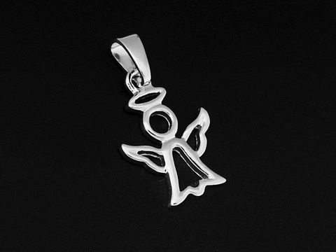 Engelchen in Form eines Anhängers aus 925 Sterling Silber, rhodiniert, gefertigt vom Juwelier Harnisch, filigranes Design mit herzförmigem Körper und Flügeln.