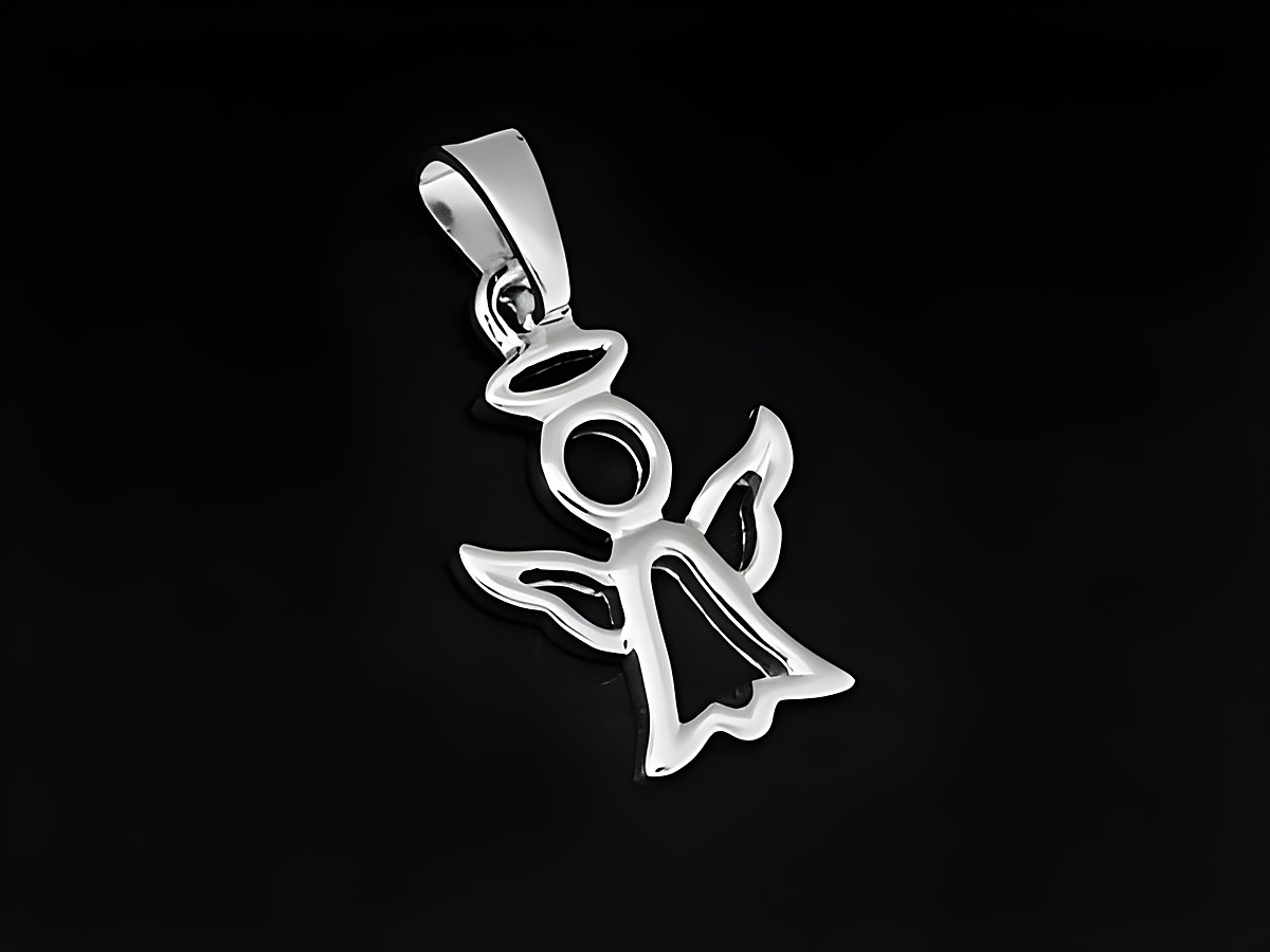 Engelchen in Form eines Anhängers aus 925 Sterling Silber, rhodiniert, gefertigt vom Juwelier Harnisch, filigranes Design mit herzförmigem Körper und Flügeln.