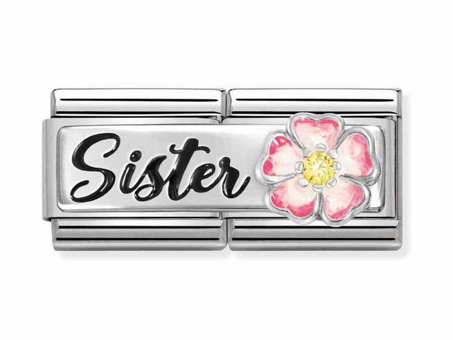 Silbernes Charm mit dem Schriftzug Sister und einer bunten Blume, verziert mit Zirkonia und Emaille, hergestellt von Nomination, Double.