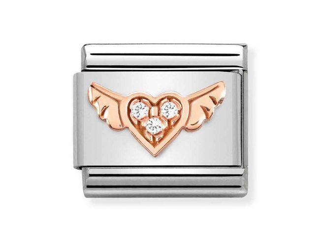 Roségoldener Charm mit beflügeltem Herz aus Edelstahl und Zirkonia in Weiß, designed von Nomination, strahlt Eleganz und Liebe aus.