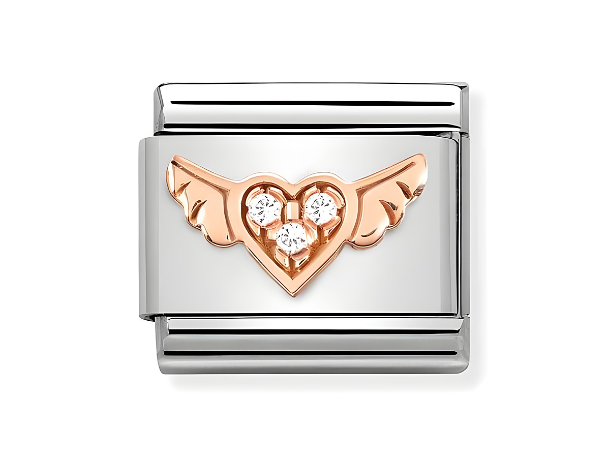 Roségoldener Charm mit beflügeltem Herz aus Edelstahl und Zirkonia in Weiß, designed von Nomination, strahlt Eleganz und Liebe aus.