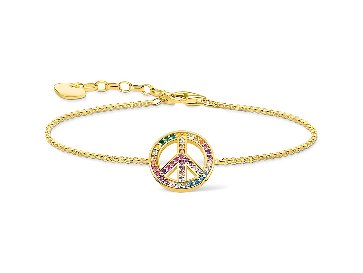 Silber vergoldetes Armband von Thomas Sabo mit einem Peace-Zeichen, verziert mit bunten Zirkoniasteinen und Glas-Keramik. Die Größe ist verstellbar von 16 bis 19 cm.