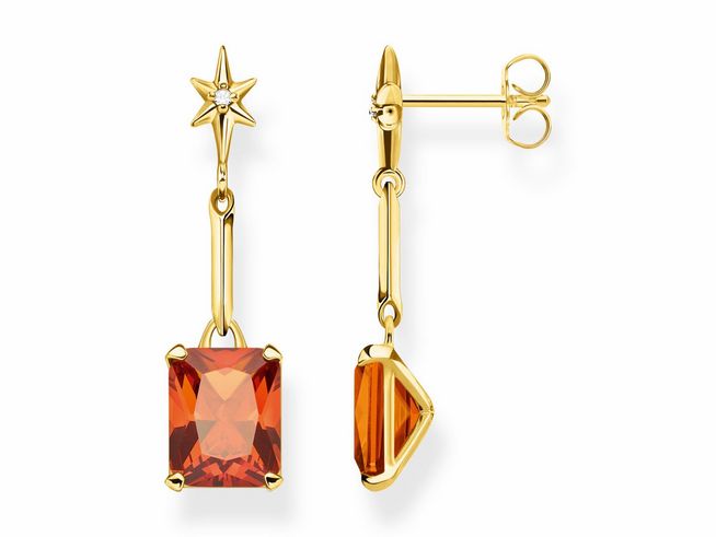 Thomas Sabo Ohrringe H2115-971-8 aus Sterling Silber mit vergoldeter Oberfläche in Gelbgold, verziert mit einem orangefarbenen Glas-Keramik Stein und Zirkonia.