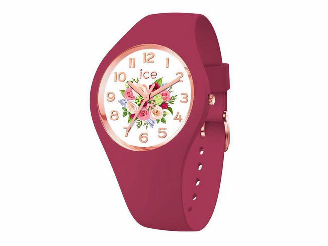 Ice Watch ICE flower Anemone bouquet Small 021736 zeigt eine rote Silikon-Uhr mit einem blühenden Ziffernblatt in Pastellfarben und roségoldenen Details, ideal für einen frühlingshaften Look.