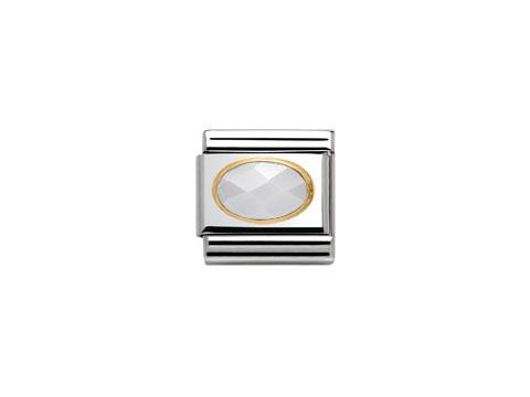 Nomination Classic Jade weiß Steine 030502 25, Hersteller: Nomination, ovaler Charme mit transparentem Stein und goldfarbener Umrandung, geeignet für Armbänder.