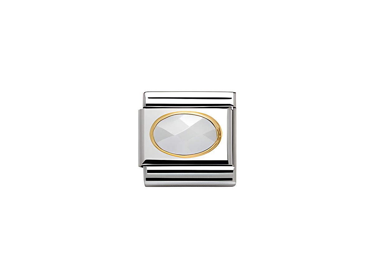 Nomination Classic Jade weiß Steine 030502 25, Hersteller: Nomination, ovaler Charme mit transparentem Stein und goldfarbener Umrandung, geeignet für Armbänder.