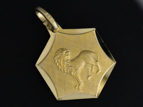 Gold Anhänger rund und eckig mit Löwe, Hersteller Juwelier Harnisch, in hochwertigem 333er Gold, detailreiche Löwenprägung, ideal als individuelles Schmuckstück für Löwe-Geborene.