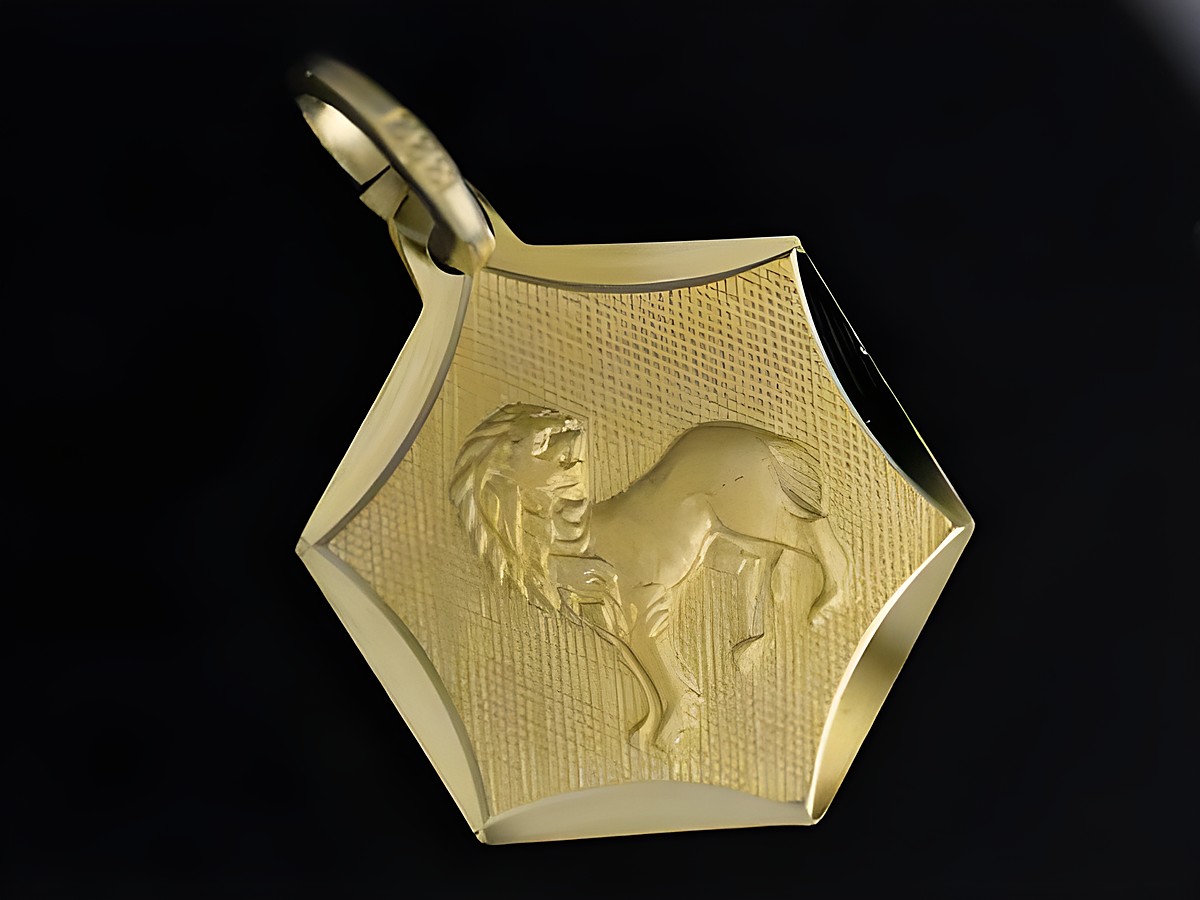 Gold Anhänger rund und eckig mit Löwe, Hersteller Juwelier Harnisch, in hochwertigem 333er Gold, detailreiche Löwenprägung, ideal als individuelles Schmuckstück für Löwe-Geborene.