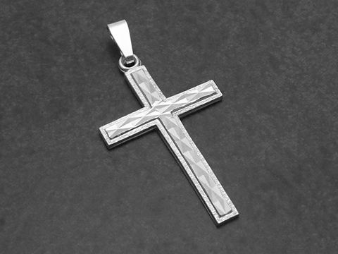 Silber Kreuz Anhänger mit 70er retro Gravur, Hersteller Juwelier Harnisch, kunstvoll gestaltetes Muster, glänzende Oberfläche, ideal als modisches Accessoire oder Geschenk.