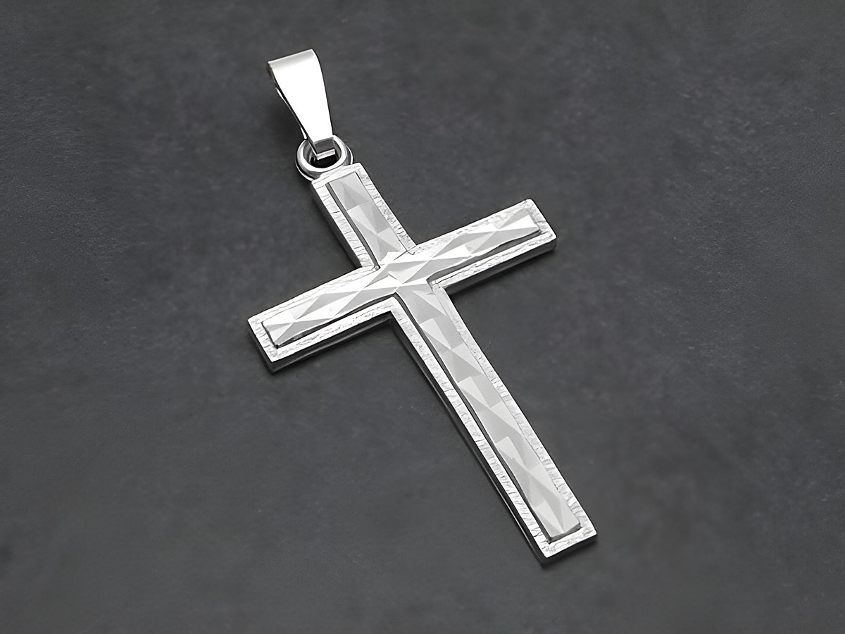 Silber Kreuz Anhänger mit 70er retro Gravur, Hersteller Juwelier Harnisch, kunstvoll gestaltetes Muster, glänzende Oberfläche, ideal als modisches Accessoire oder Geschenk.