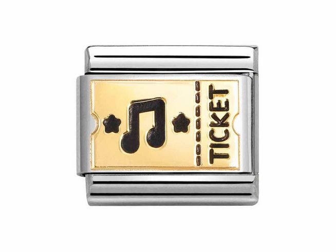 Konzert-Ticket aus Emaille mit goldfarbener Note und schwarzem Schriftzug Ticket, umrahmt von silbernem Metallrahmen, hergestellt von Nomination, Modell Classic Gold 030284 61.
