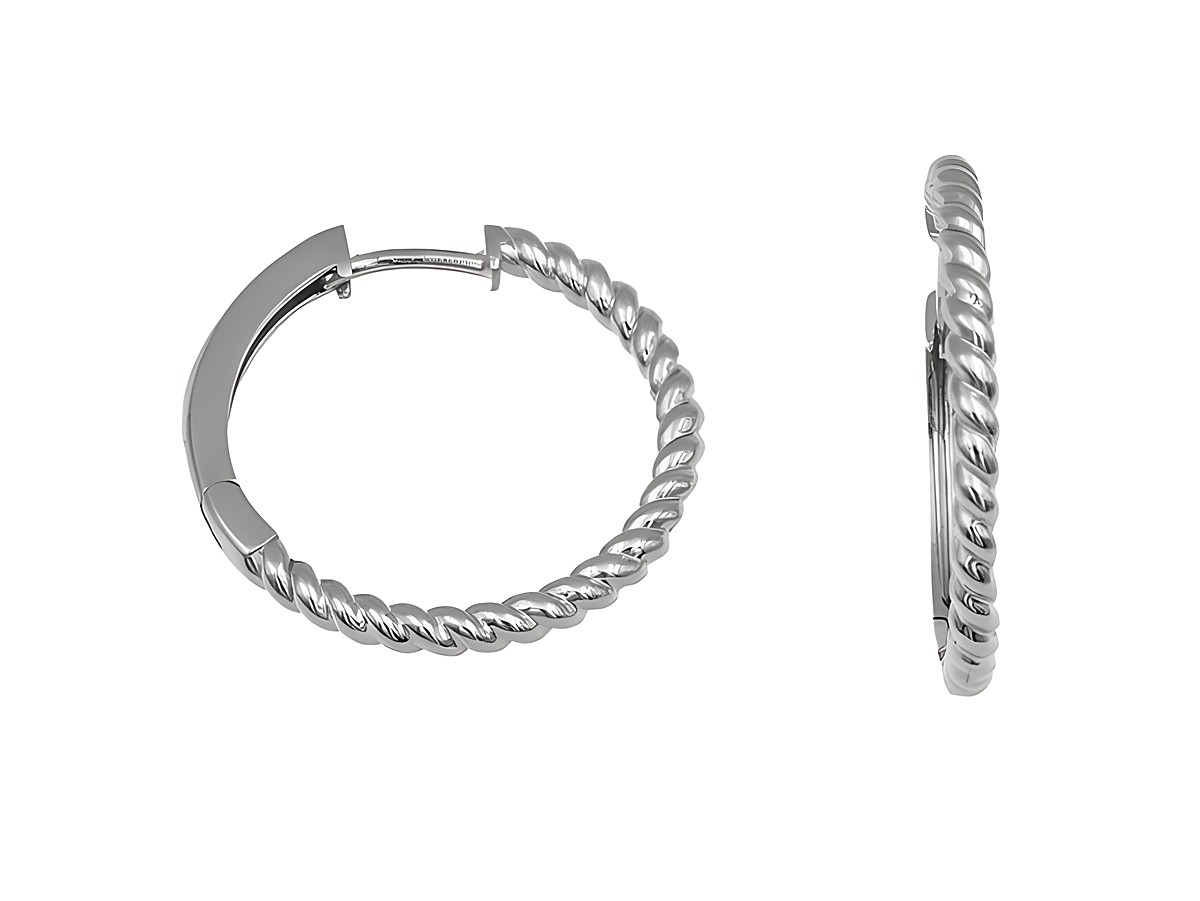 Creolen 2,2 cm aus rhodiniertem Sterling Silber, gekordelt, Hersteller Juwelier Harnisch, elegante Ohrringe bis 25 mm Durchmesser, zeitloses Design für jeden Anlass.
