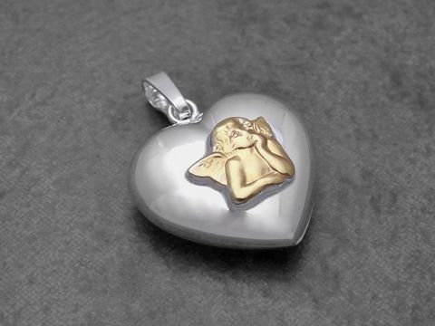 Bezaubernder Anhänger in Herzform aus Sterling Silber mit plastischem Engel, Hersteller Juwelier Harnisch, ideale Kombination aus Eleganz und Zärtlichkeit.