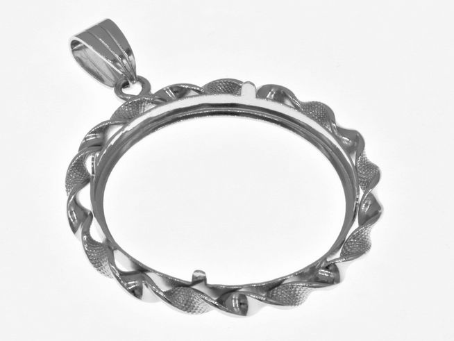 Münzfassung Anhänger aus 925 Sterling Silber rhodiniert, für Münzen bis 29 mm Durchmesser, mit dekorativer Kordelgestaltung, Hersteller Juwelier Harnisch. Ideal für individuelle Anhänger.