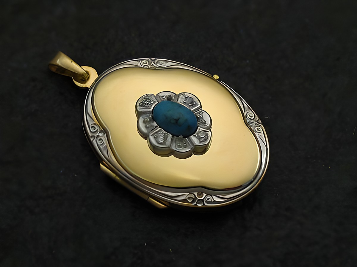 Türkis Medaillon Cabochon Gold 585 bicolor mit Brillanten, hergestellt von Juwelier Harnisch aus Gelbgold 585, elegantes Design mit einer zentralen türkisfarbenen Edelstein.